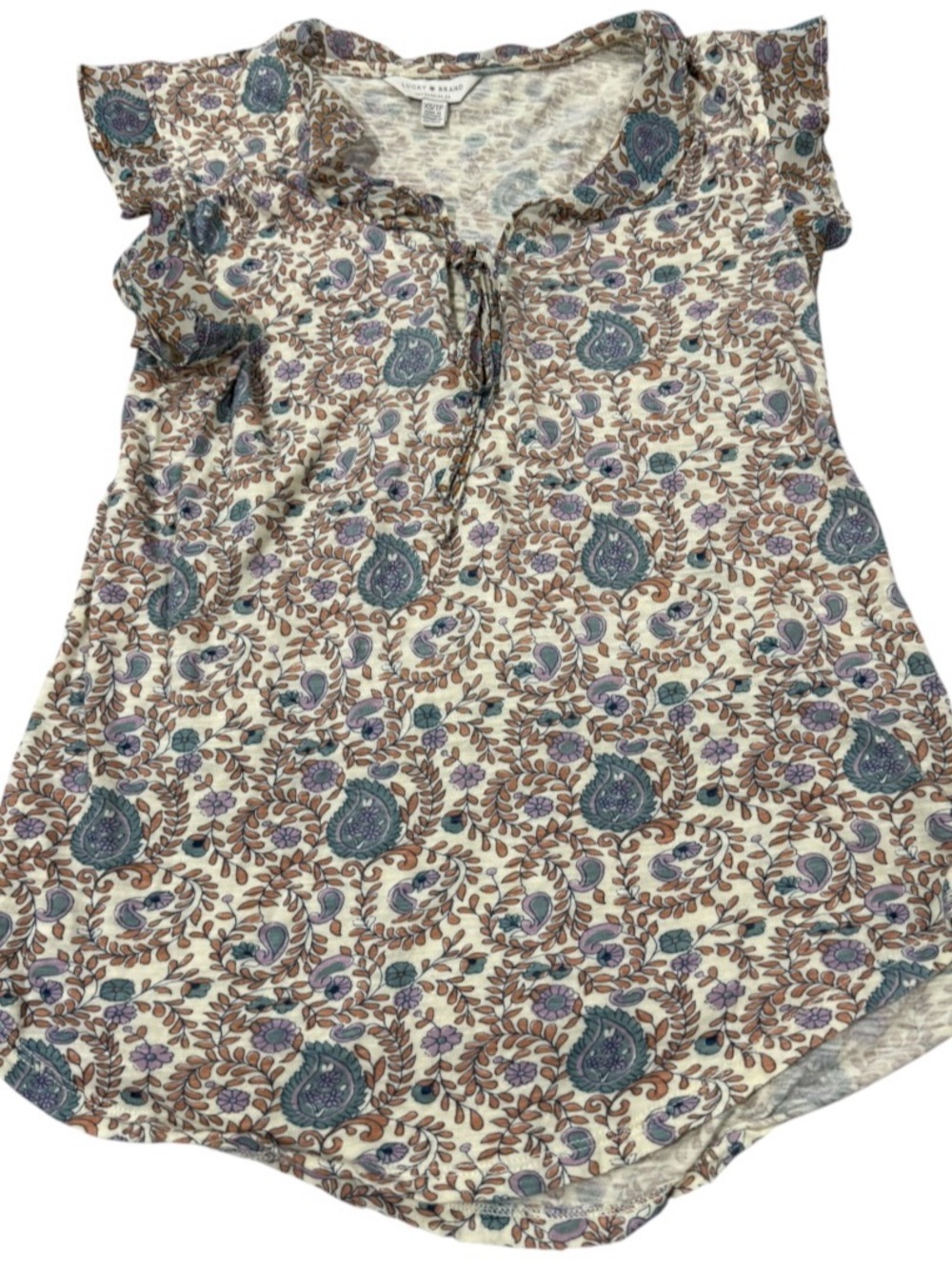 Lucky Brand Cream Paisley Tie-Neck Tunic with Blue and Brown Accents